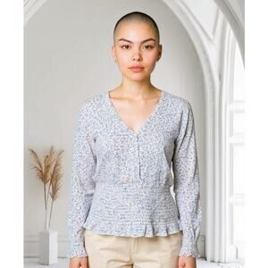 Anthropologie  Paper  Crane Womens Long Sleeve Blue / White Flowered  Top Size L